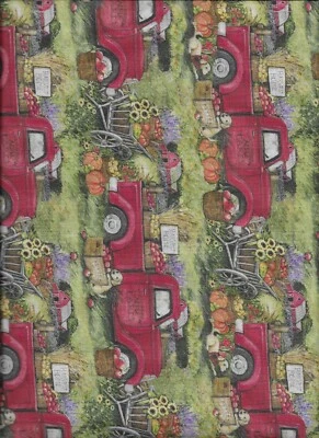 New Harvest Red Trucks w/Apples & Pumpkins 100% cotton fabric by the half-yard - Image 1 of 3
