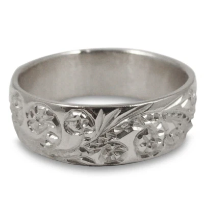 Solid 14K Women’s White Gold Hand Engraved Royal Hawaiian Scroll Ring Band 6mm - Image 1 of 4