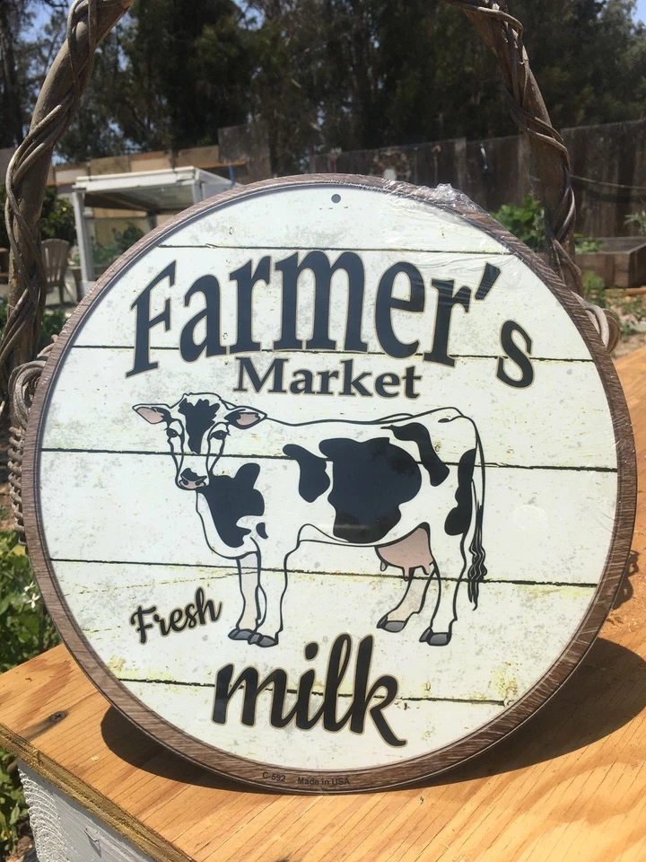 Farmers Market Fresh Milk Round Sign Tin Vintage Garage Bar Decor Old Rustic - Image 1 of 1