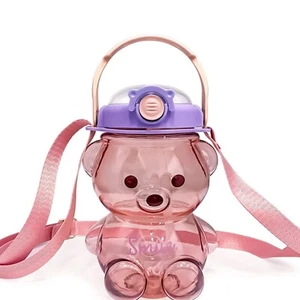 Cute Kawaii Bear Water Bottle with Straw Kids Cartoon Plastic Drinking Water Cup - Picture 1 of 7