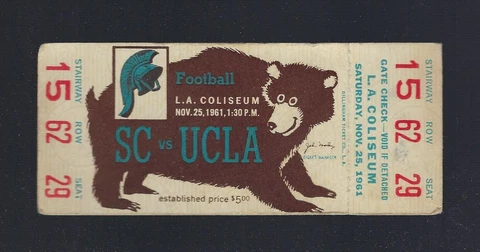 VINTAGE 1961 NCAA UCLA BRUINS @ USC TROJANS FOOTBALL FULL UNUSED TICKET Cover