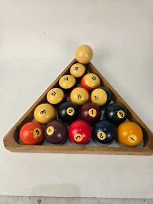 Vintage Pool Pocket Billiard Balls Full set with Cue ball & wooden triangle rack - Image 1 of 4
