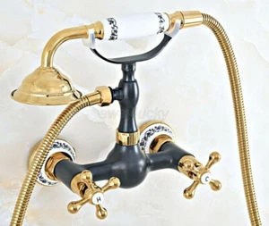 Juego de grifo mezclador de montaje en pared de latón negro dorado para ducha de mano - Imagen 1 de 11