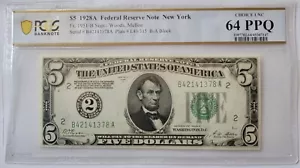 $5 1928A CH UNC64 PPQ Fed Res Note New York Set of 2 Consecutive Serial Numbers - Picture 1 of 8