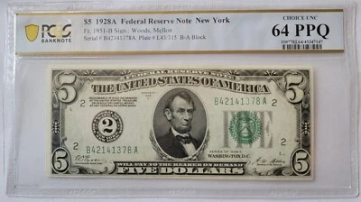 $5 1928A CH UNC64 PPQ Fed Res Note New York Set of 2 Consecutive Serial Numbers - Image 1 of 4