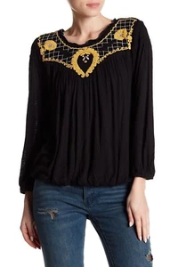Free People Top Damen kleine schwarze Begonie bestickt Bauernbluse - Bild 1 von 6