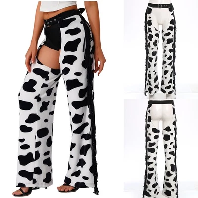 女士奶牛印花露裆自行车骑行牛仔护腿可调节腰带流苏  — 第 1/2 张图片