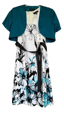  R&M Richards Women’s 2-Piece Dress Set Size 12 Teal Bolero Floral Fit & Flare - Image 1 of 4