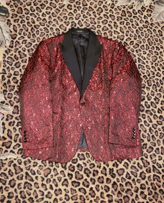 COOFANDY Chaqueta Esmoquin Floral Texturizada Para Hombres Traje Brillante Blazer Vino Tinto - XL Foto 1 de 4