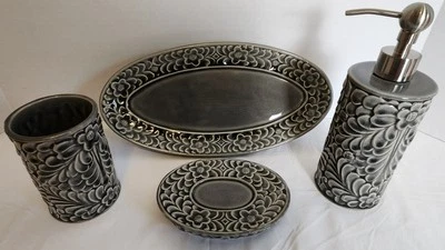 Cynthia Rowley Bath Vanity Set Soap Dish Dispenser Cup Tray Gray Floral Design  - Image 1 of 4