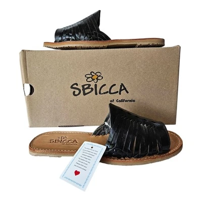Sandalia para mujer SBICCA 7 Lawrin tejida Huarache Slide de cuero negro plana NUEVA Foto 1 de 4
