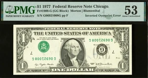 $1 1977 FRN INVERTED OVERPRINT ERROR  SERIALS + SEALS UPSIDE DOWN PMG Abt Unc 53 - Picture 1 of 2