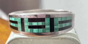 Silver 950 Green Turquoise/Onyx Inlay Sz 6.5 Wrist Bracelet 68.4 Grams - Picture 1 of 5