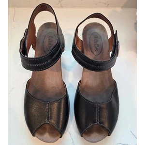 Taos Leather Wedge Sandal Adjustable Strap Peep Toe Black Sz 38/US 7.5 Comfort - Picture 1 of 9
