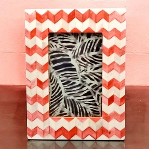 Anthropologie Deep Coral Pink and Cream Chevron Mosiac 4 X 6 Picture Frame - Picture 1 of 8