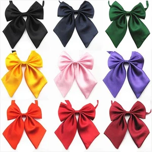 Womens Girls Student Adjustable Bow Tie Party Banquet Bank Solid Satin Necktie - Picture 1 of 12