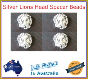4 Silver Lion Head Metal Spacer Beads Bracelet Necklace Charms - Picture 1 of 2