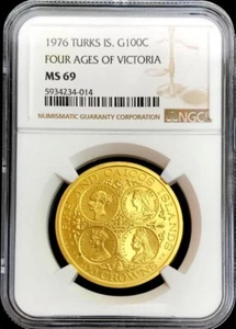 1976 GOLD TURKS & CAICOS 250 MINTED 100 CROWNS 4 AGES VICTORIA NGC MINT STATE 69 - Picture 1 of 2