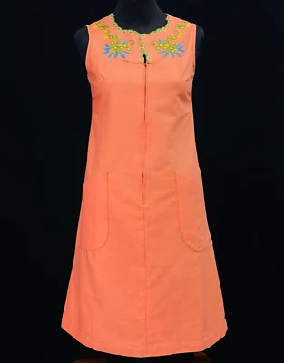 Vestido bordado naranja vintage años 70, bolsillos sin mangas cremallera frontal floral M Foto 1 de 4