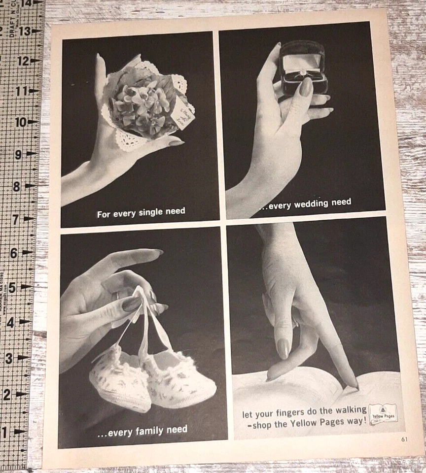 1963 Yellow Pages Vintage Print Ad Phonebook Let Your Fingers Do the Walking B&W - Image 1 of 1