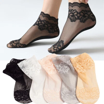 Meias femininas transparentes de malha de renda flor fina nylon elástico curto tornozelo ~ - Imagem 1 de 4