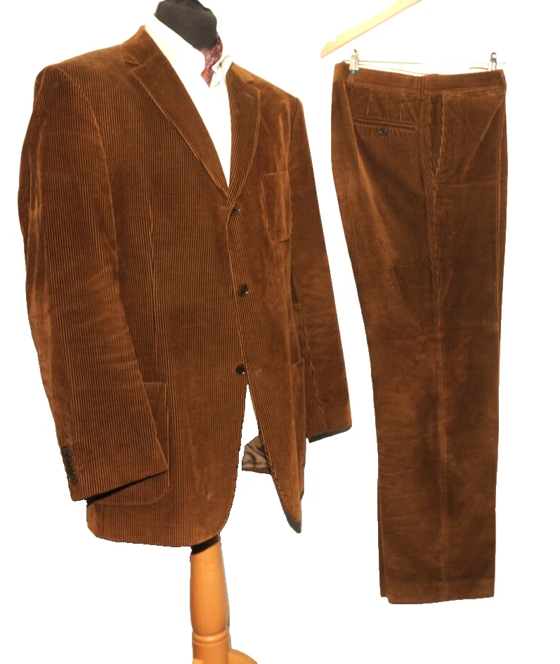 GREAT HUGO BOSS FELLINI MOVIE STYLE CORDUROY SUIT 44" LONG W 38'' BROWN - Image 1 of 4