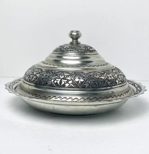 Turkish Copper Engraved Serving Plate with Lid Round Dinner Bowl Handmade Silver - Picture 1 of 21