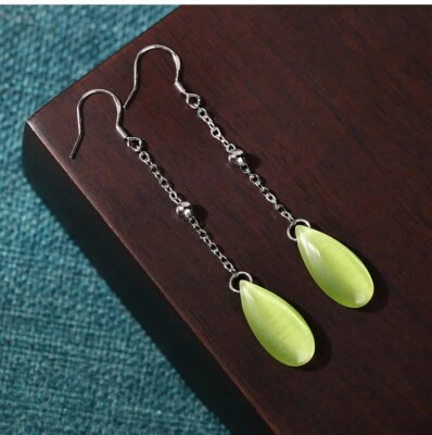 Jade Drop Dangle Earrings Retro Bohemian Waterdrop Hook 18K White Gold Plated - Image 1 of 4