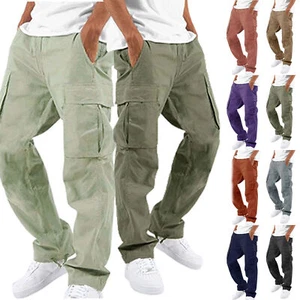 WORK PANTS MEN STRETCH CARGO PANTS COTTON CUFF ANKEL ELASTIC WAIST DRAWSTRING - Picture 1 of 21