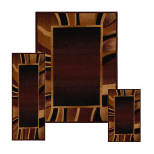 Brown Contemporary Border 3 Pcs Area Rug Set Modern Stripes Runner Combo Carpet