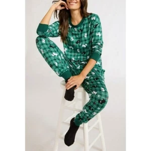 Joyspun Pajama Set Green Plaid Dog Print Sleepwear M Top XL Bottoms NWOT - Picture 1 of 7