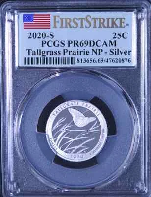 S 2020 TALLGRASS PRAIRIE PLATA 25C PCGS PR69 DCAM NP FS plata prueba conjunto bandera Foto 1 de 2