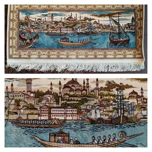 Hand Knotted Silk Bamboo Rug Tapestry Istanbul Scene Wall Art Textile Turkish - Picture 1 of 23