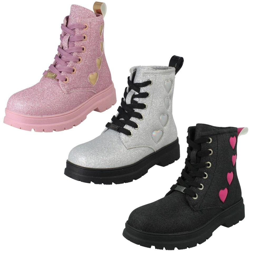 Niña Pineapple Tacón Bajo Cordones Corazón Purpurina Botas Con Dentro Zip H4R196 - Imagen 1 de 1