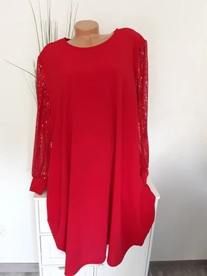 Italy Damen Kleid NEU  festlich rot 46 48 Curvy  Pailletten Ärmel  - Bild 1 von 2
