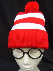 Red White Stripe Waldo Wally Hat & Glasses Wenda Costume Beanie Wendy - Picture 1 of 1
