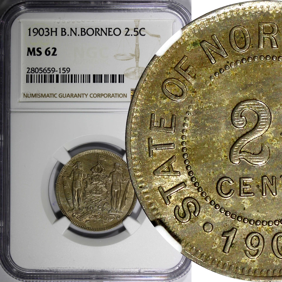 Borneo Norte Británico 1903 2-1/2 centavos NGC MS62 TONIFICADO CLARO Heaton RARO KM# 4 (59) Foto 1 de 4