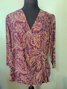 Lauren Ralph Lauren lila Paisley Stretch Jersey Top Gr. 2X Faux Wickelbluse.   - Bild 1 von 9