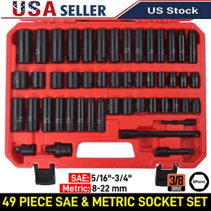 49PC 3/8" Drive Impact Socket Set Deep & Shallow SAE Metric 5/16 - 3/4 8 - 22MM - Picture 1 of 17