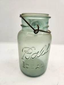 Vintage Ball Ideal Mason Jar #3 - With Wire - Blue/Green - Picture 1 of 9