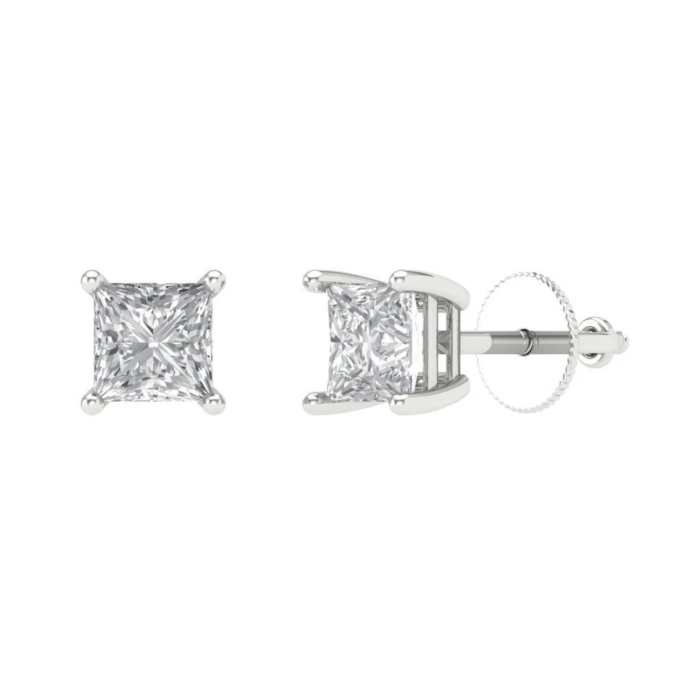 1.0 ct Princess Cut Solitaire Stud anniversary Earrings 14k White solid Gold - Image 1 of 4