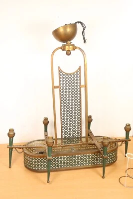 Antique Art Deco Brass Chandelier Green Metal x6 Fitting Ceiling Light 26x13" - Image 1 of 4