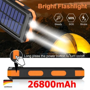 26800mAh Solar Power Bank Charger Ladegerät Externer Batterie mit LED 2USB Akku - Zdjęcie 1 z 21