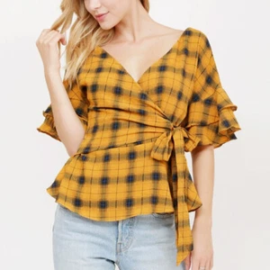 NEW Mustard Navy Blue Plaid Checker Wrap Tie V Neck Ruffle Sleeves Peplum Blouse - Picture 1 of 10