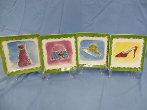 Pier 1 Dolomite Girls Night Dessert Plates 4 Hat Purse Shoes Dress New - Picture 1 of 7