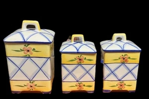 VINTAGE 3 PIECE JAY WILLFRED SADEK YELLOW & BLUE CANISTER SET MADE IN PORTUGAL  - Picture 1 of 13