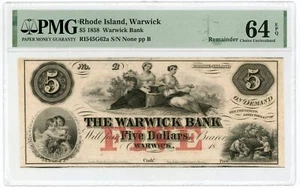 Billete de $5 The Warwick Bank - Warwick, RHODE ISLAND de 1800 PMG Ch.CU 64 EPQ - Imagen 1 de 2