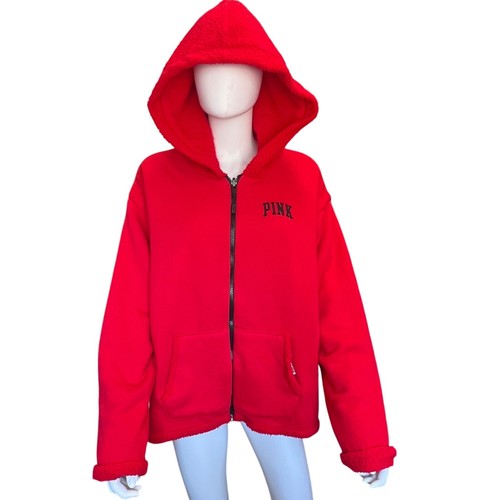 UNDERCOVER Victorias Secret rosa rosso sherpa foderato felpa giacca zip e tasche donna taglia XL
