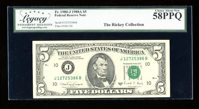 DBR 1988-A $5 Kansas City Fr. 1980-J Legacy 58 PPQ Serial J12725386B - Image 1 of 2