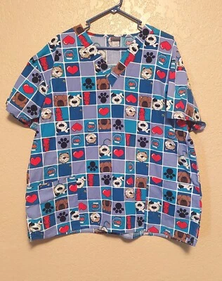 Remedy Blue V Neck Dogs Cats Hearts Fire Hydrants Pockets Scrub Top Size 2X - Image 1 of 4